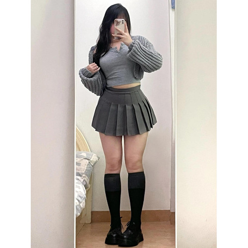 春夏小個子穿搭百褶裙女微胖大碼遮肚子高腰顯瘦辣妹a字西裝短裙