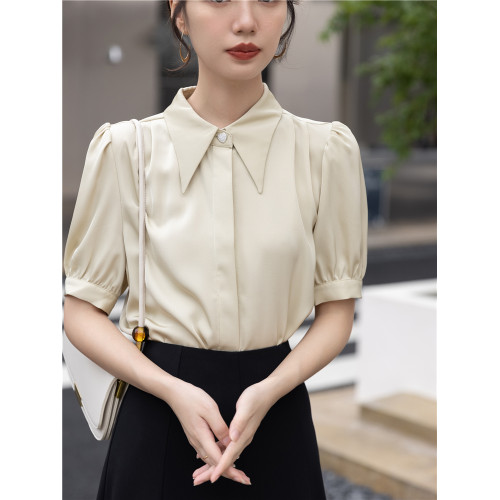 設計感法式尖領高檔垂感白襯衫女夏季氣質不透面試職業短袖襯衣OL