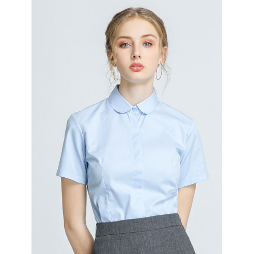 藍色襯衫女短袖職業圓領娃娃領白襯衣公務員工作服面試正裝竹纖維