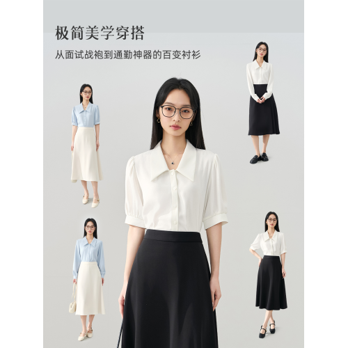 伯德小姐藍色短袖雪紡襯衫職業面試穿搭女士職場通勤上衣正裝襯衣