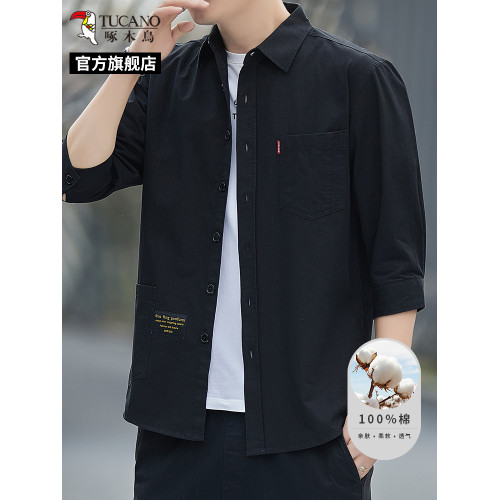 啄木鳥男士春夏新款七分袖純棉襯衫多口袋外套100%棉休閒上衣服C