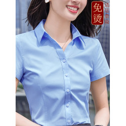 天藍色襯衫女夏季薄款短袖工作服正裝彈力免燙抗皺V領職業白襯衣