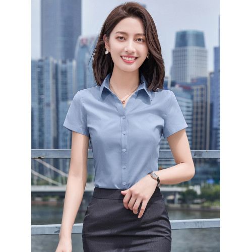 天藍色襯衫女夏季薄款短袖工作服正裝彈力免燙抗皺V領職業白襯衣