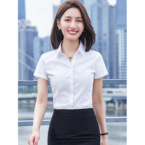 天藍色襯衫女夏季薄款短袖工作服正裝彈力免燙抗皺V領職業白襯衣