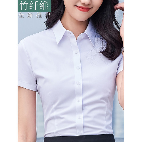 天藍色襯衫女夏季薄款短袖工作服正裝彈力免燙抗皺V領職業白襯衣