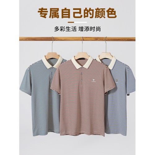 啄木鳥夏季男士短袖t恤2025新款中年爸爸涼感polo衫條紋翻領半袖C