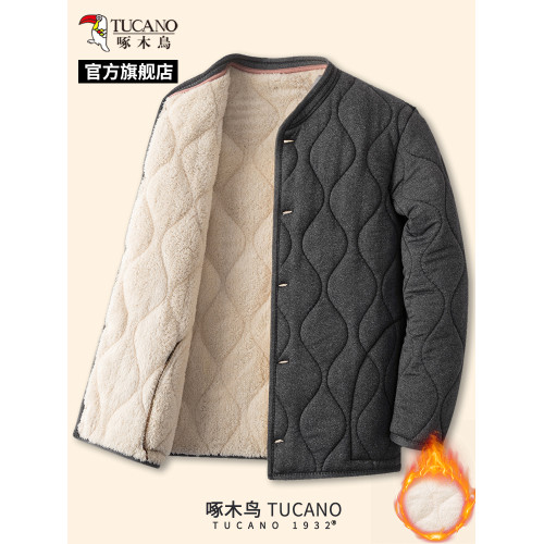啄木鳥冬季男士新款羊駝絨棉服中老年保暖外套爸爸裝內膽小棉襖C