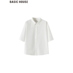 Basic House/百家好白色翻領寬松短袖襯衫通勤職業襯衣女2025夏季