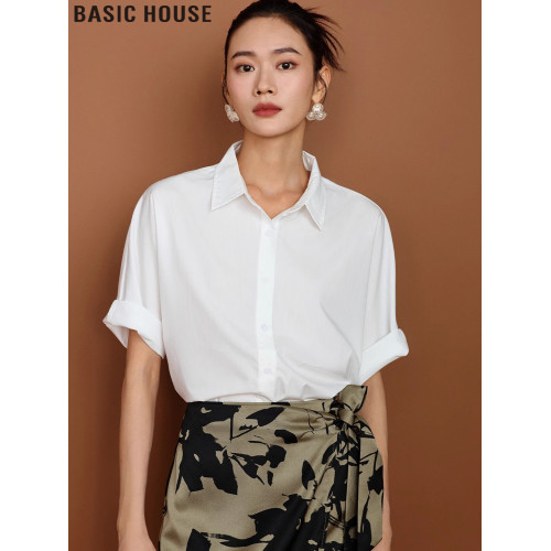 Basic House/百家好白色翻領寬松短袖襯衫通勤職業襯衣女2025夏季