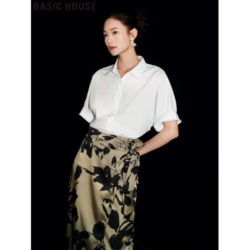 Basic House/百家好白色翻領寬松短袖襯衫通勤職業襯衣女2025夏季