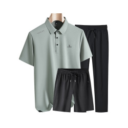 啄木鳥夏季2025新款休閒爸爸冰絲運動套裝中年男士polo衫衣服男C