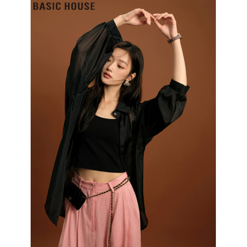 Basic House/百家好簡約寬松吊帶外搭薄款冰絲防曬襯衫女2025夏季