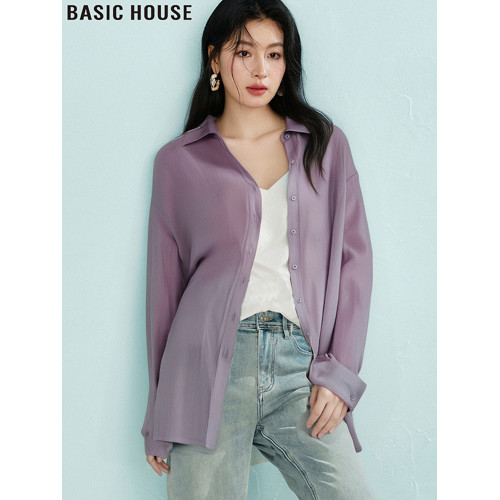 Basic House/百家好簡約寬松吊帶外搭薄款冰絲防曬襯衫女2025夏季