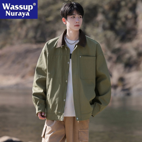 WASSUP NURAYA春秋翻領夾克男美式復古寬松潮牌純棉休閒工裝外套