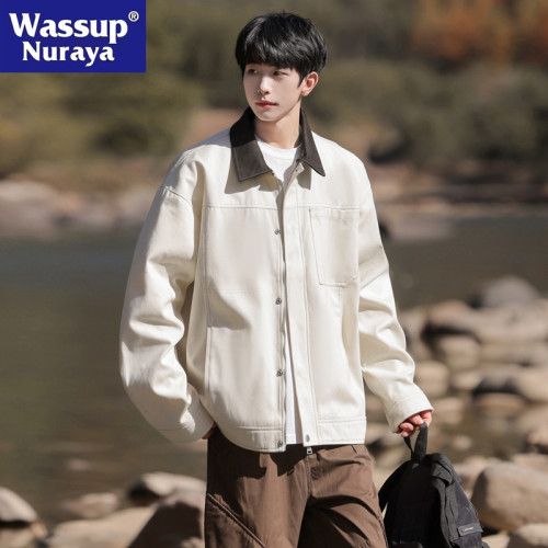 WASSUP NURAYA春秋翻領夾克男美式復古寬松潮牌純棉休閒工裝外套