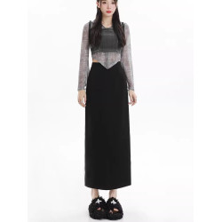 拉夏貝爾黑色西裝半身裙女夏高腰a字直筒小個子開叉一步包臀長裙