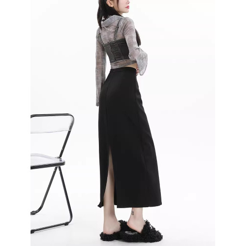 拉夏貝爾黑色西裝半身裙女夏高腰a字直筒小個子開叉一步包臀長裙