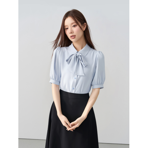 伯德小姐藍色高級感短袖襯衫女教師穿搭雪紡上衣面試正裝職業襯衣 伯德小姐藍色高級感短袖襯衫女教師穿搭雪紡上衣面試正裝職業襯衣