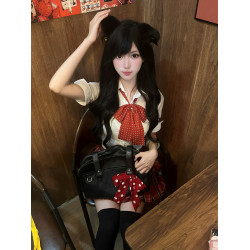 原創正版jk製服裙校供感紅色格裙狗短高腰半身百褶裙收腰襯衫套裝
