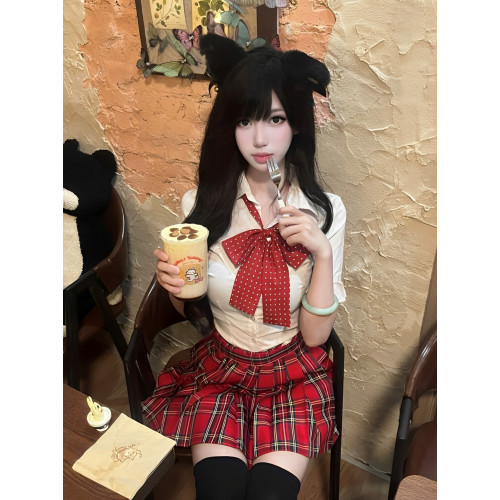 原創正版jk製服裙校供感紅色格裙狗短高腰半身百褶裙收腰襯衫套裝