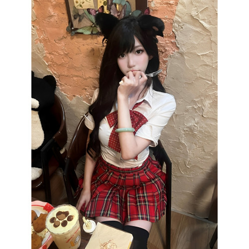 原創正版jk製服裙校供感紅色格裙狗短高腰半身百褶裙收腰襯衫套裝