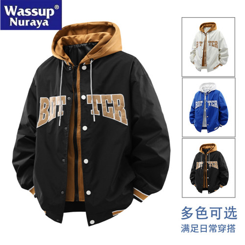 WASSUP Nuraya潮牌假兩件夾克男士春秋防風連帽外套男生青年上衣