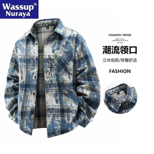 WASSUP Nuraya潮牌紥染格子襯衫男長袖春秋格紋襯衣百搭休閒外套