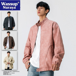 WASSUP NURAYA2025春秋美式復古皮衣休閒夾克寬松立領機車外套男