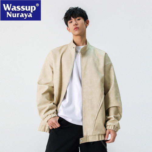 WASSUP NURAYA2025春秋美式復古皮衣休閒夾克寬松立領機車外套男