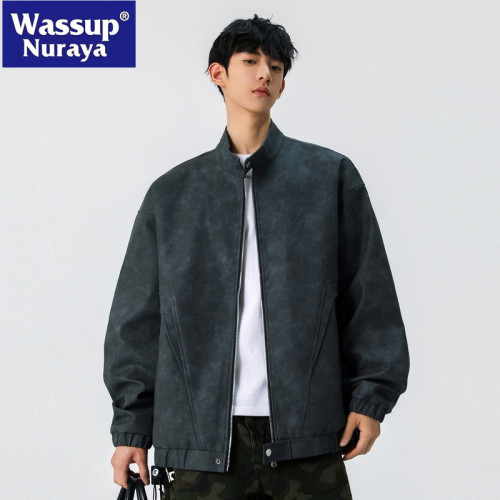 WASSUP NURAYA2025春秋美式復古皮衣休閒夾克寬松立領機車外套男