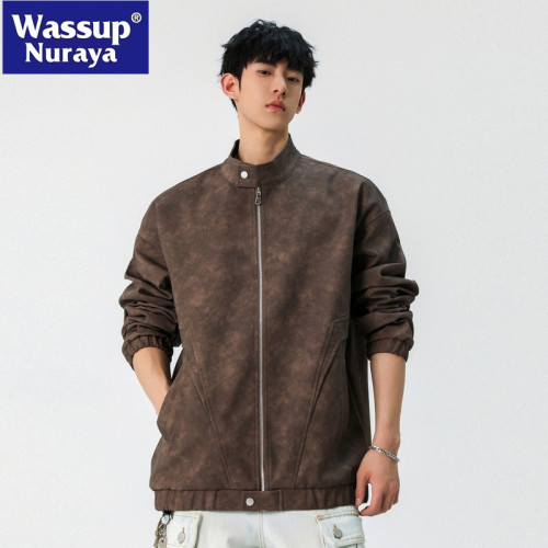 WASSUP NURAYA2025春秋美式復古皮衣休閒夾克寬松立領機車外套男