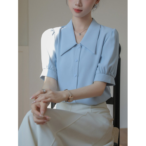 藍色雪紡短袖翻領襯衫女設計感小衆2025夏教資面試穿搭泡泡袖上衣