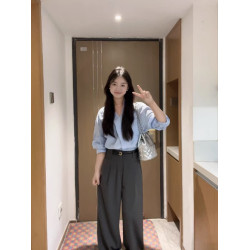 法式藍條紋短袖襯衫女夏季高級感設計感小衆寬松襯衣通勤職場上衣