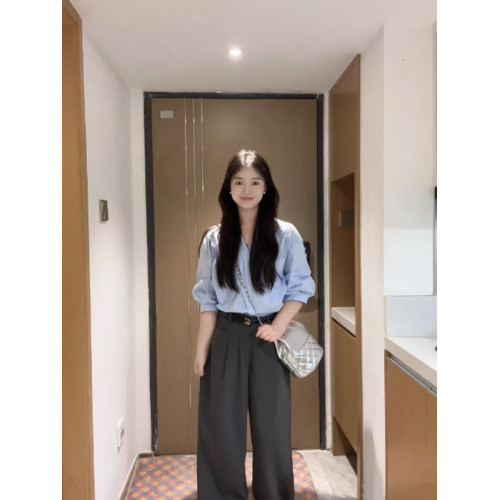 法式藍條紋短袖襯衫女夏季高級感設計感小衆寬松襯衣通勤職場上衣