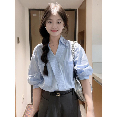 法式藍條紋短袖襯衫女夏季高級感設計感小衆寬松襯衣通勤職場上衣