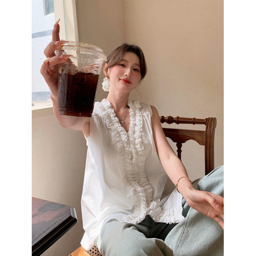 白色木耳花邊無袖背心襯衫女25夏新款寬松純棉輕奢高級感小衫上衣