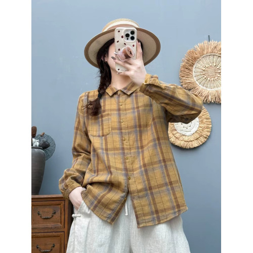 春夏薄款復古格子長袖襯衫女寬松顯瘦純棉上衣方領休閒時尚襯衣女