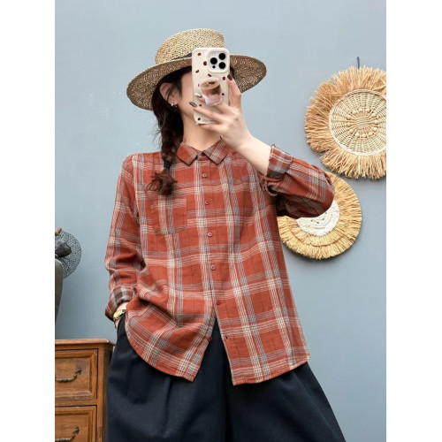 春夏薄款復古格子長袖襯衫女寬松顯瘦純棉上衣方領休閒時尚襯衣女