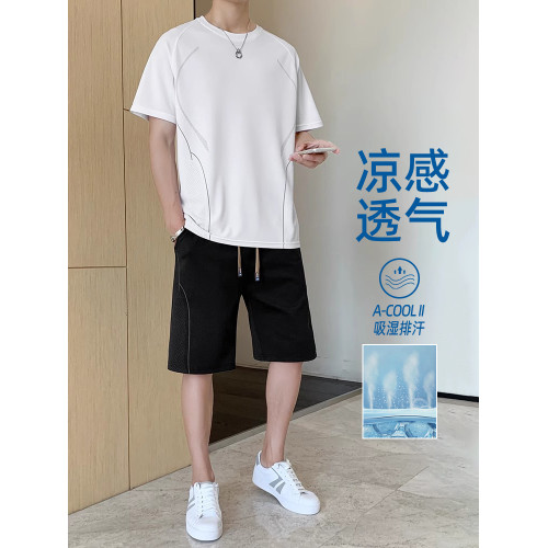 啄木鳥冰絲運動套裝男士夏季薄款休閒健身速乾短袖t恤短褲兩件套K