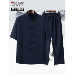 啄木鳥中式唐裝男士2025夏季中老年爸爸裝風刺綉大碼短袖套裝