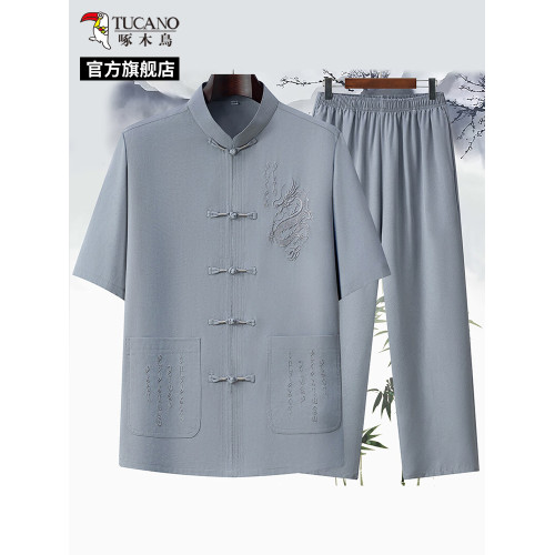 啄木鳥中式唐裝男士2025夏季中老年爸爸裝風刺綉大碼短袖套裝