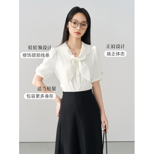 伯德小姐粉色娃娃領短袖襯衫女教師穿搭雪紡上衣職業面試雪紡襯衣