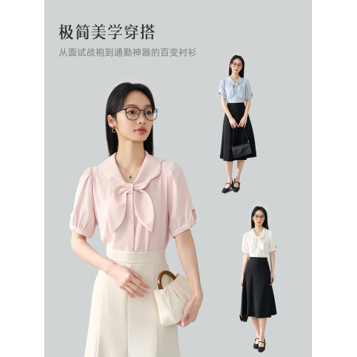 伯德小姐粉色娃娃領短袖襯衫女教師穿搭雪紡上衣職業面試雪紡襯衣
