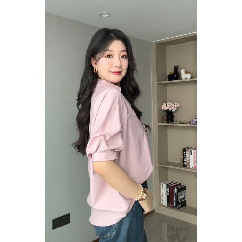 正肩短袖襯衫女大碼V領法式氣質寬松顯瘦設計感面試通勤中袖襯衣