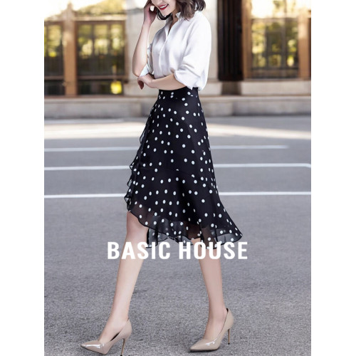 Basic House/百家好氣質波點雪紡半身裙女夏季高腰過膝一步魚尾裙