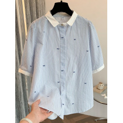 藍色條紋襯衫短袖文藝小清新蝴蝶結印花時尚拼接純棉夏季女裝襯衣
