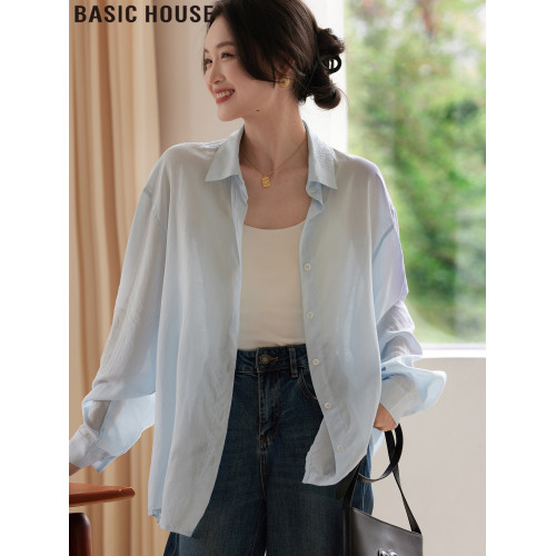Basic House/百家好天絲萊賽爾中長款冰絲防曬襯衫女2025夏季新款