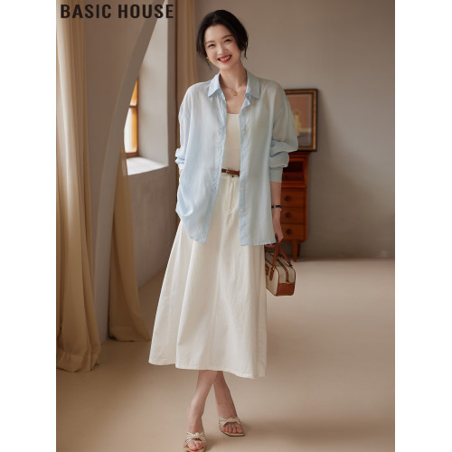 Basic House/百家好天絲萊賽爾中長款冰絲防曬襯衫女2025夏季新款