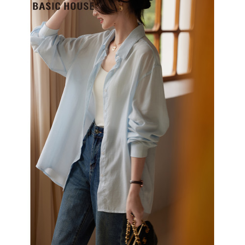 Basic House/百家好天絲萊賽爾中長款冰絲防曬襯衫女2025夏季新款