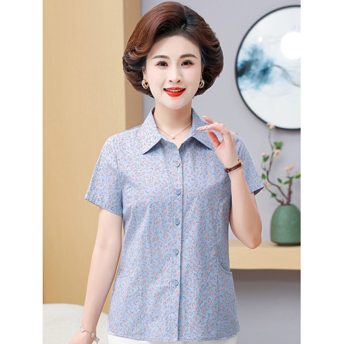 2025新款中老年女士媽媽夏裝襯衫上衣純棉寬松奶奶裝短袖全棉襯衣